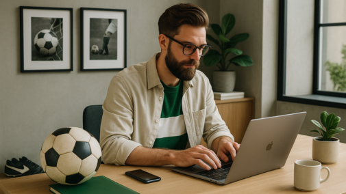 Ein fußballbegeisterter Hipster sitzt in einem modernen Büro mit Fußball-Utensilien an seinem Schreibtisch und schreibt als Content Creator in sein Notebook (PR Stunt / ChatGPT)