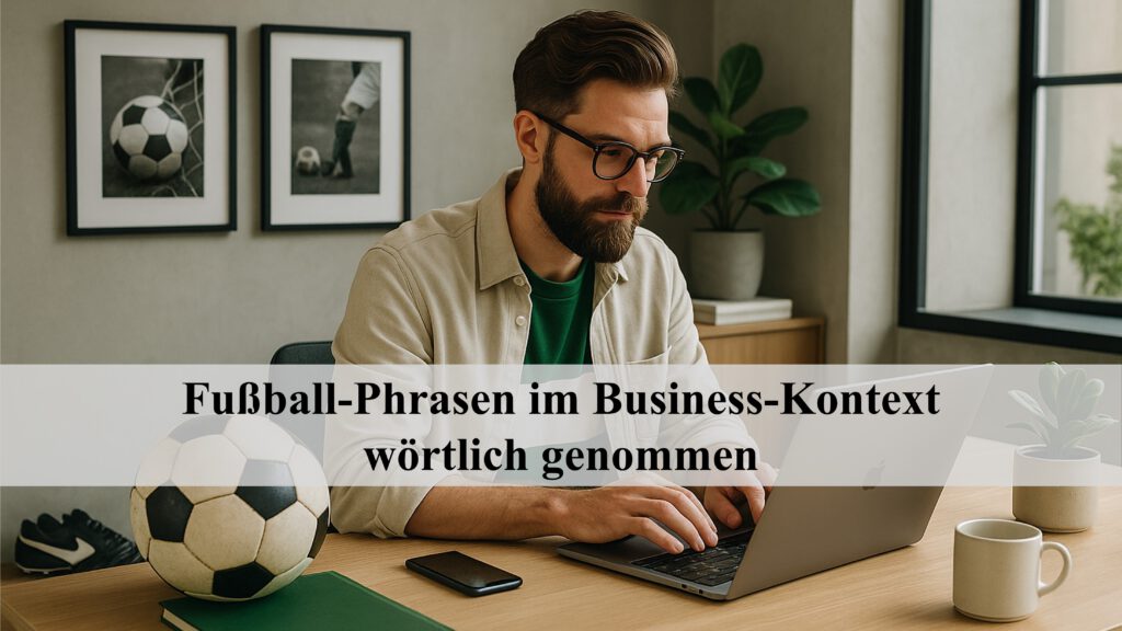 Ein fußballbegeisterter Hipster sitzt in einem modernen Büro mit Fußball-Utensilien an seinem Schreibtisch und schreibt als Content Creator in sein Notebook (PR Stunt / ChatGPT)
