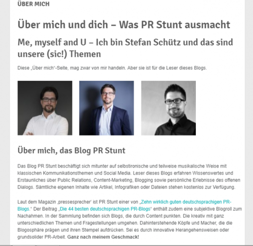 Tipps zur Struktur und Gestaltung einer authentischen "Über mich"-Seite am Beispiel PR Stunt (Stivologne / PR Stunt)